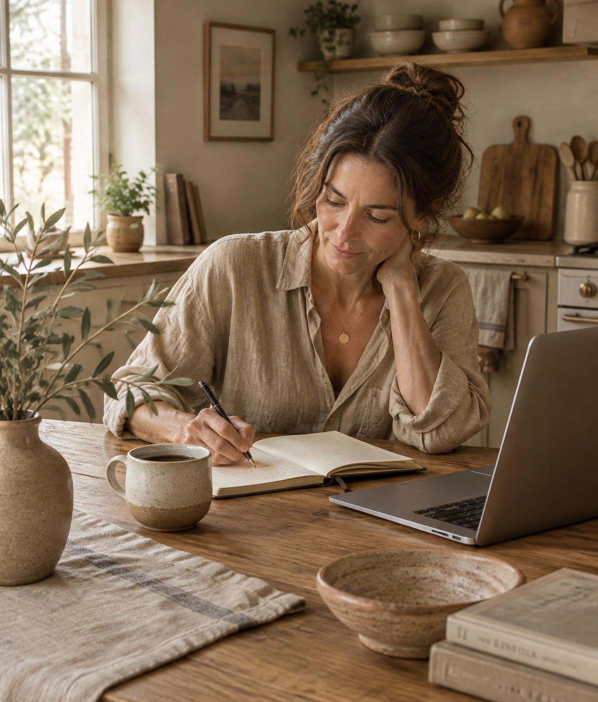 Mujer escribiendo en su cuaderno en la cocina